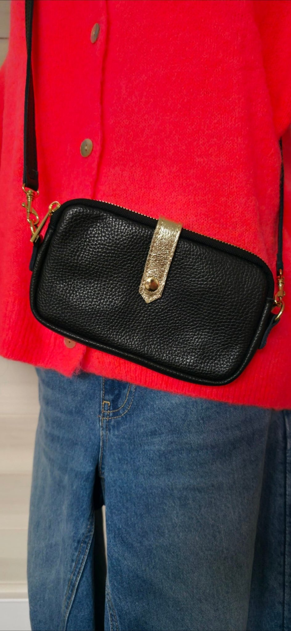 Italian Leather Black & Gold Crossbody bag - Cockleshell Crosshaven