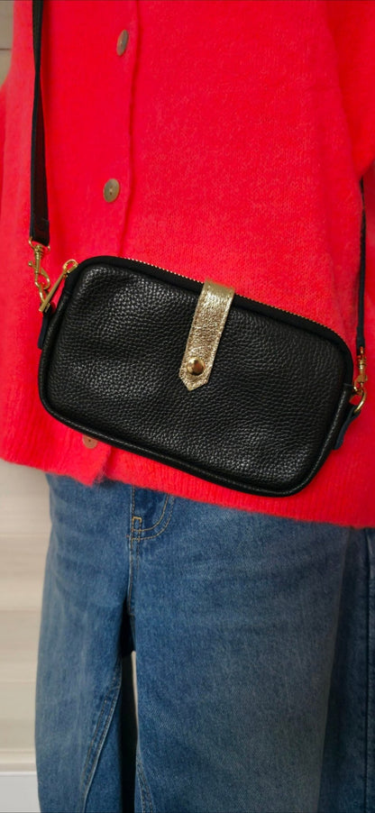 Italian Leather Black & Gold Crossbody bag - Cockleshell Crosshaven
