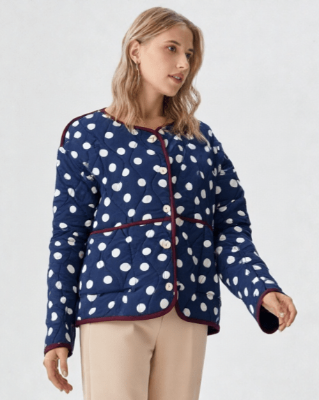 Navy & White dotty quilted, collarless jacket. - Cockleshell Crosshaven