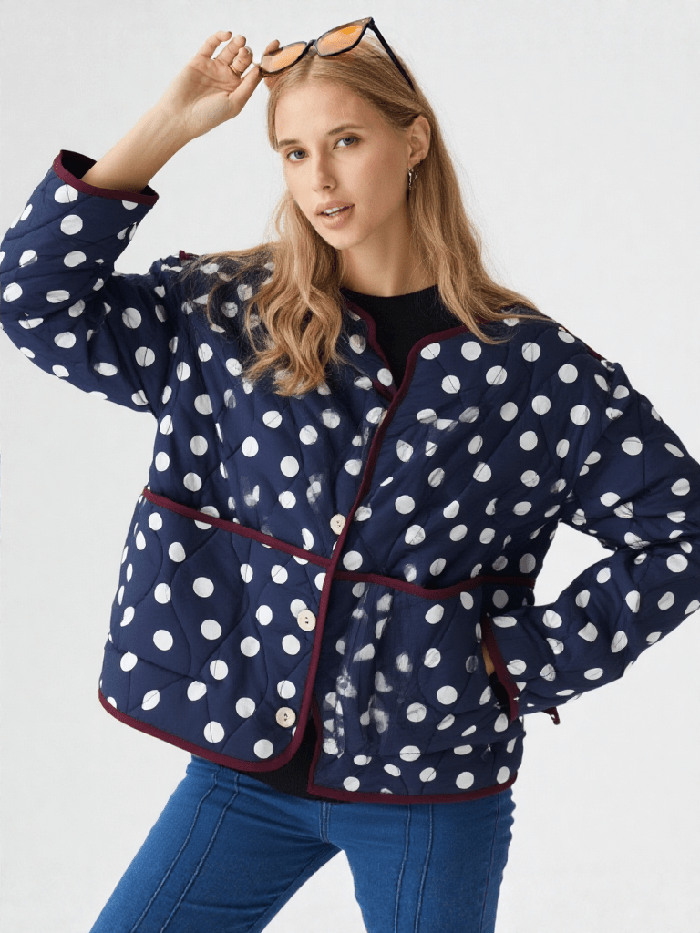 Navy & White dotty quilted, collarless jacket. - Cockleshell Crosshaven