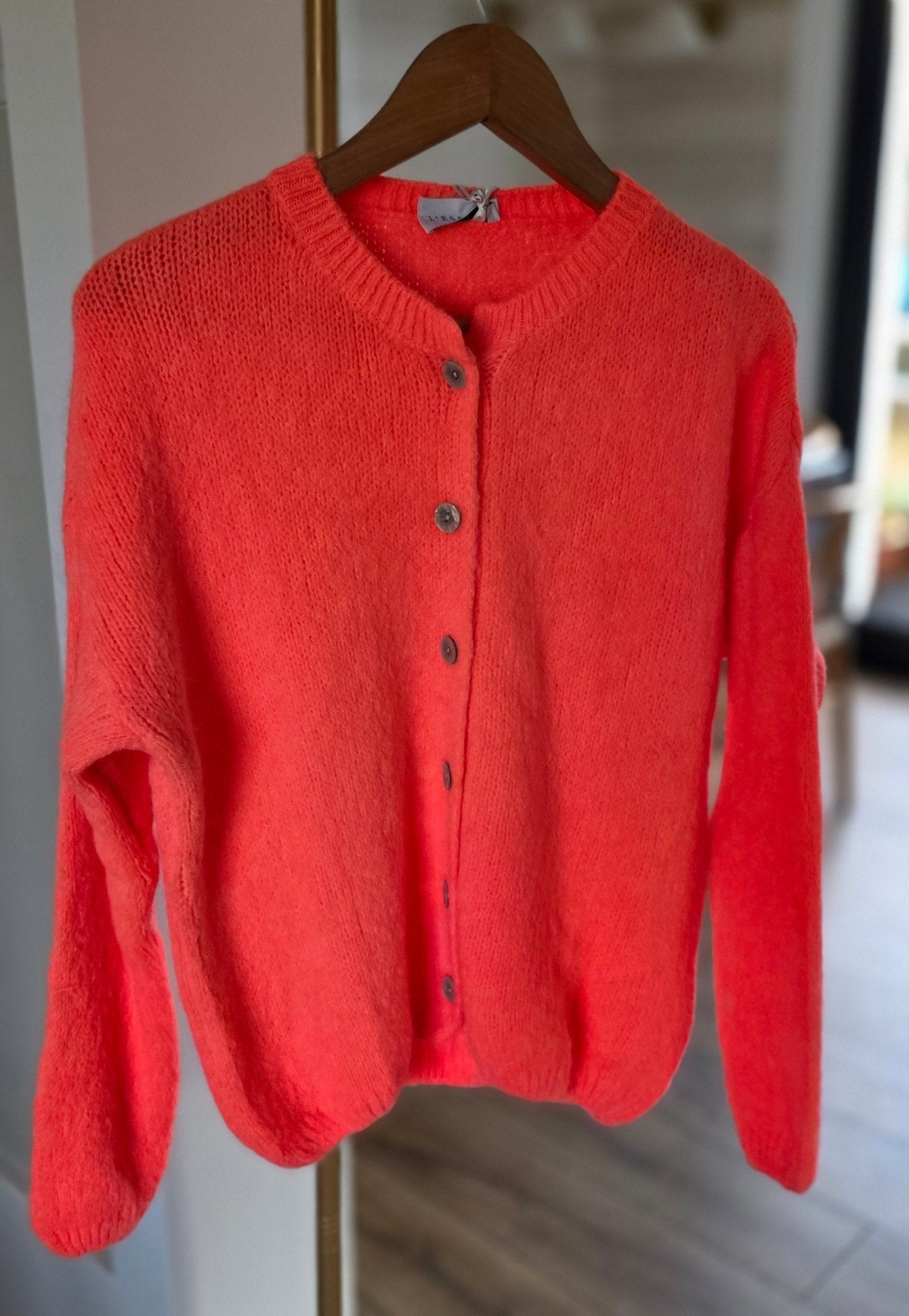 Neon Coral, round neck Kid Mohair & Wool cardigan - Cockleshell Crosshaven