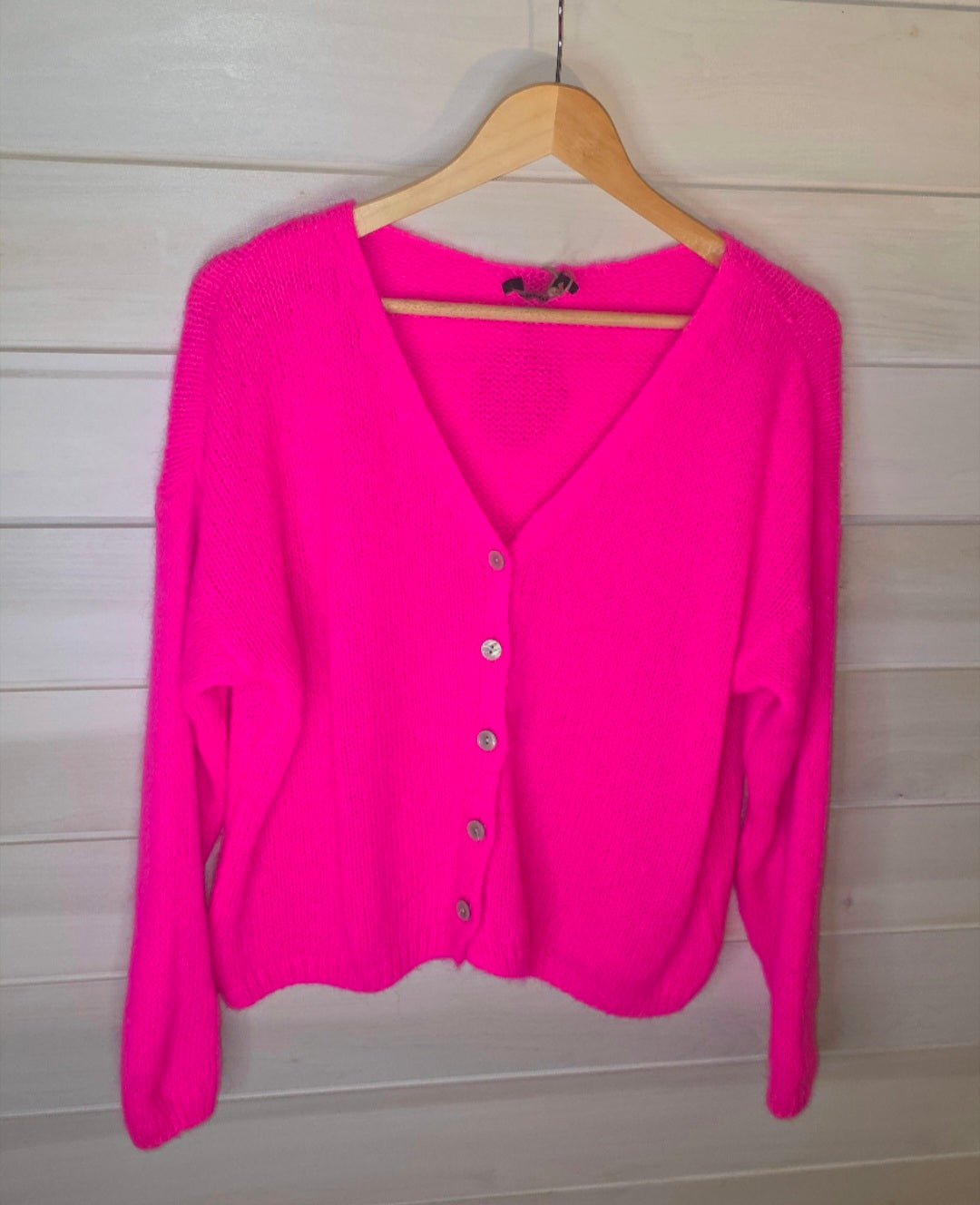 Neon Pink V Neck Ladies Cardigan. Long sleeves. Mohair mix knit - Cockleshell Crosshaven