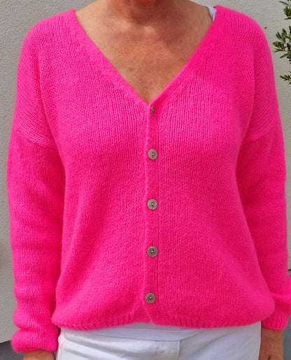 Neon Pink V Neck Ladies Cardigan. Long sleeves. Mohair mix knit - Cockleshell Crosshaven