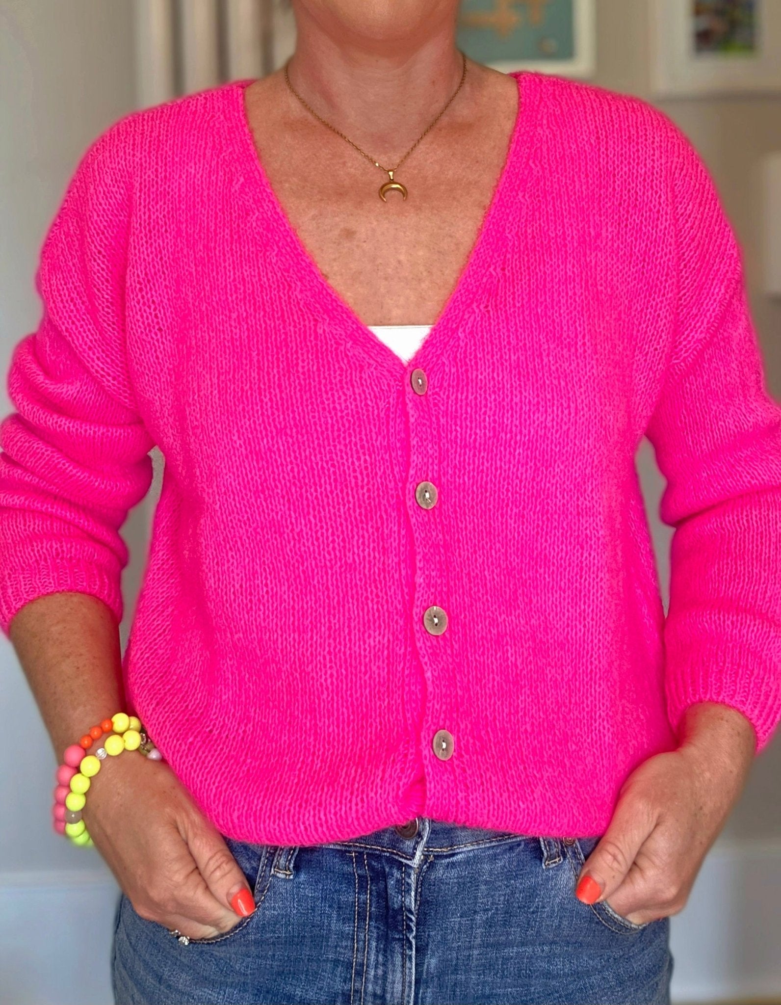 Neon Pink V Neck Ladies Cardigan. Long sleeves. Mohair mix knit - Cockleshell Crosshaven