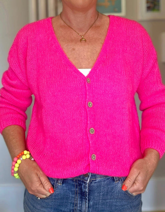 Neon Pink V Neck Ladies Cardigan. Long sleeves. Mohair mix knit - Cockleshell Crosshaven