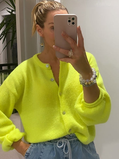 Neon Yellow, sleeved cardigan in Superfine Alpaca and Wool knit - Cockleshell Crosshaven