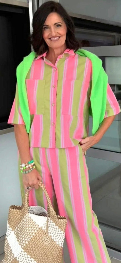 Milano Retro Stripe Boxy Shirt in Rose and Pitscachio