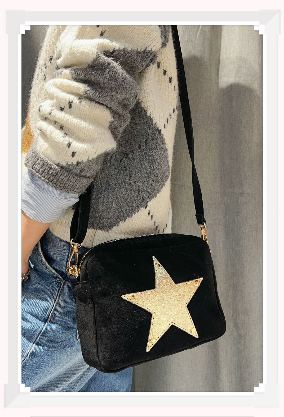Italian Leather and Suede. Crossbody bag. Leather star Motif. Black.
