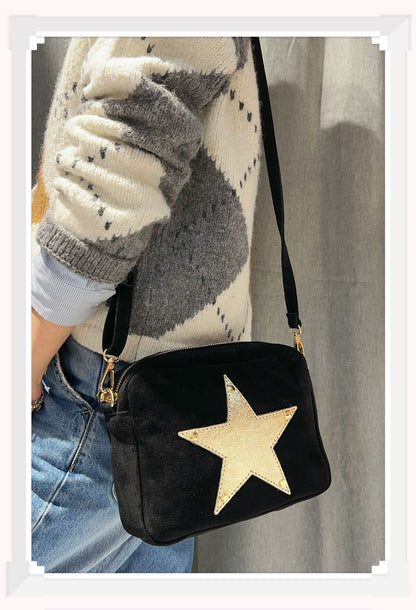 Italian Leather and Suede. Crossbody bag. Leather star Motif. Black.
