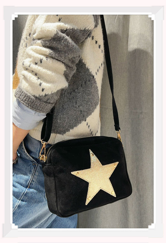 Italian Leather and Suede. Crossbody bag. Leather star Motif. Black.