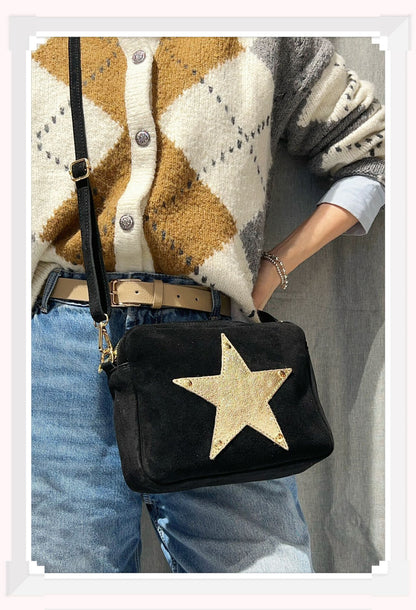 Italian Leather and Suede. Crossbody bag. Leather star Motif. Black.