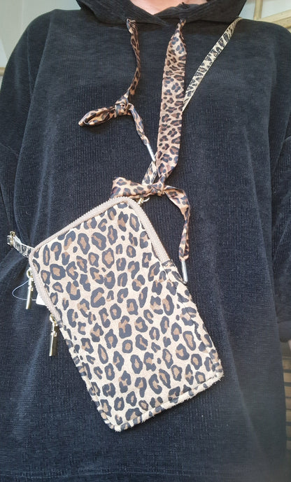 Animal Print, Crossbody Phone Pouch. Leather. Made in Italy