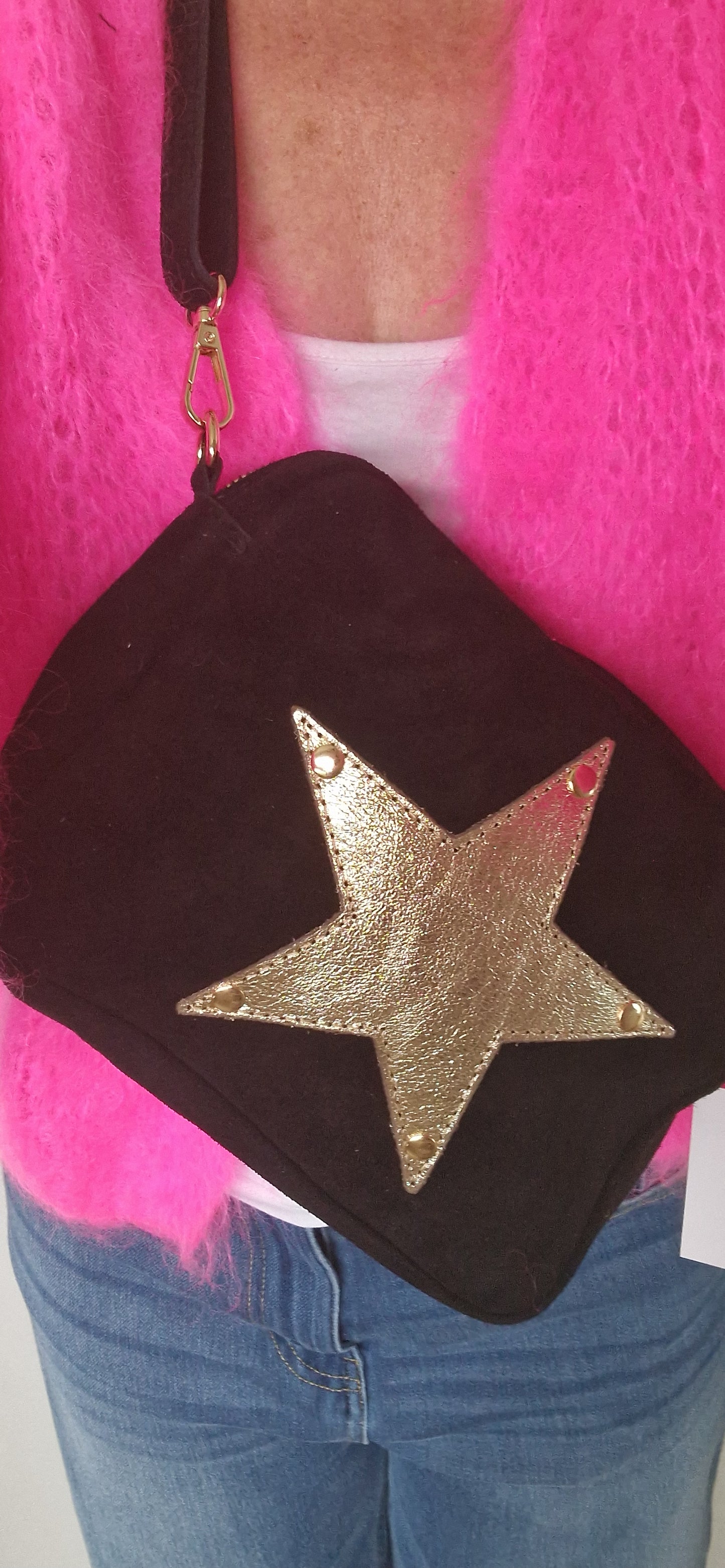 Italian Leather and Suede. Crossbody bag. Leather star Motif. Black.