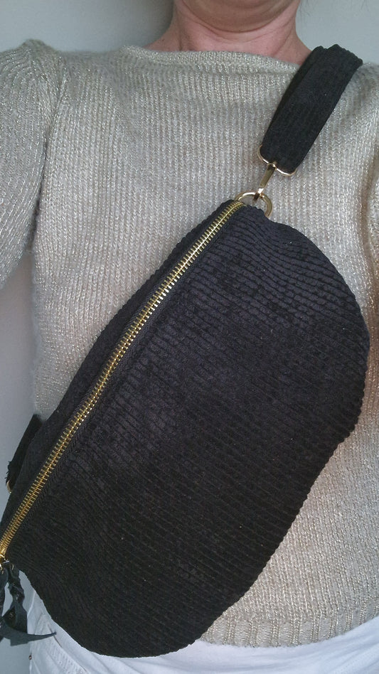 Sling bag.Corduroy Black, Made in Italy