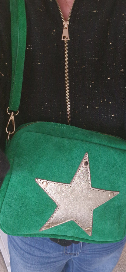 Green Suede, Crossbody Bag with Gold Leather Star motif