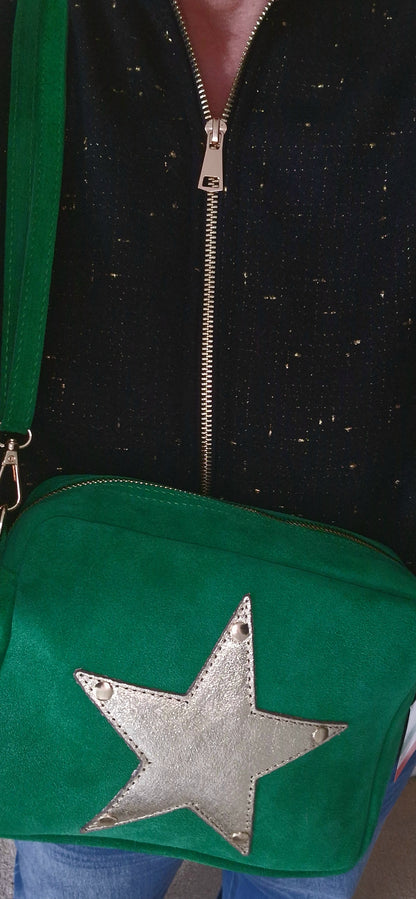 Green Suede, Crossbody Bag with Gold Leather Star motif