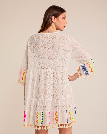Neon Embroidered lace and cotton beach dress/cover up