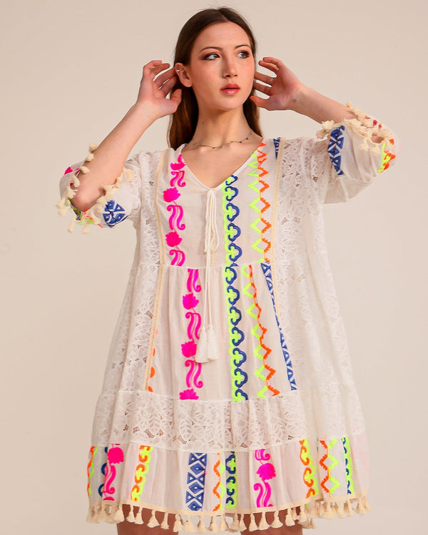 Neon Embroidered lace and cotton beach dress/cover up