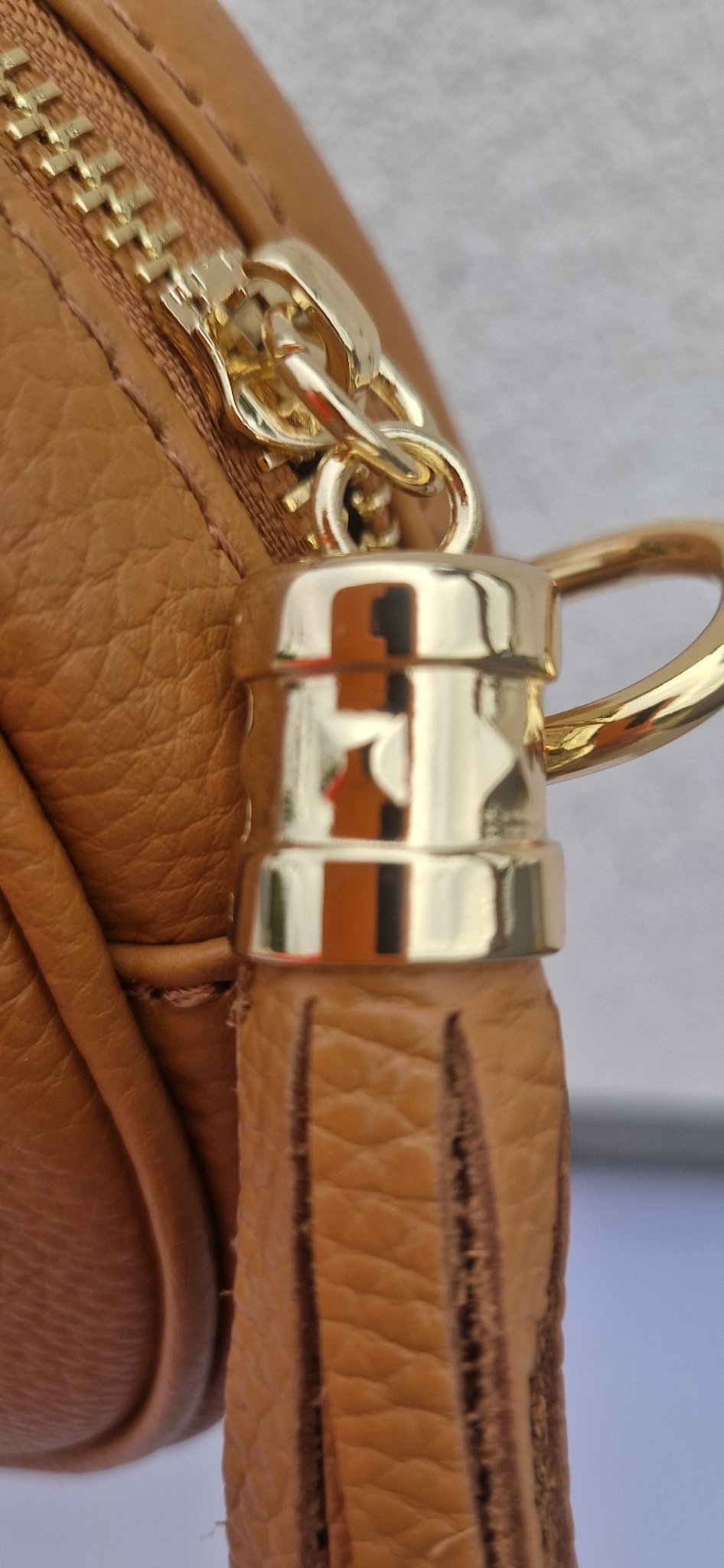 Round Tan Leather Crossbody Bag - Grained Genuine Leather. - Cockleshell Crosshaven