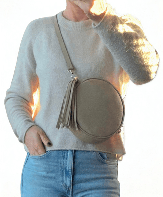Round Taupe Leather Crossbody Bag - Grained Genuine Leather - Cockleshell Crosshaven