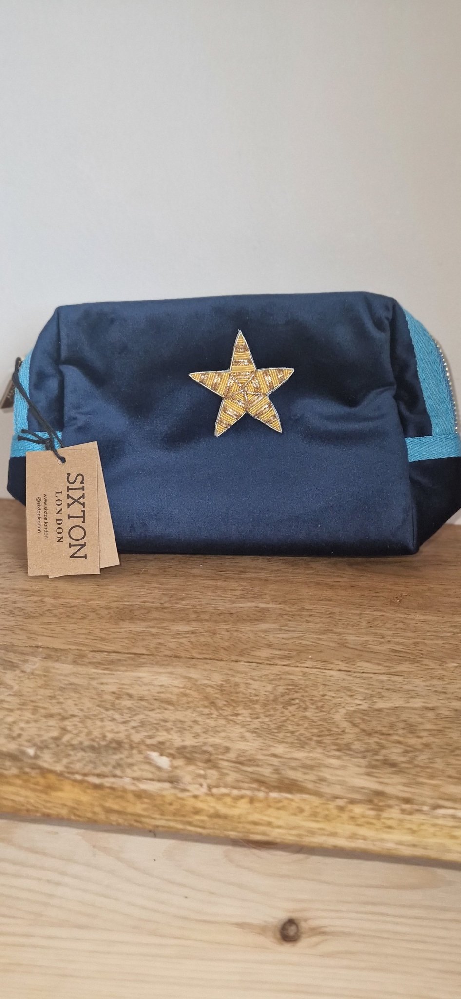 Sixton London. Blue make - up bag & gold star pin - recycled velvet - Cockleshell Crosshaven