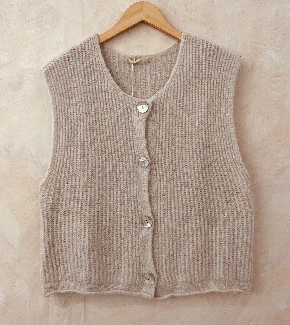 Sleeveless Oatmeal Beige Baby Alpaca Vest/Cardigan - Cockleshell Crosshaven