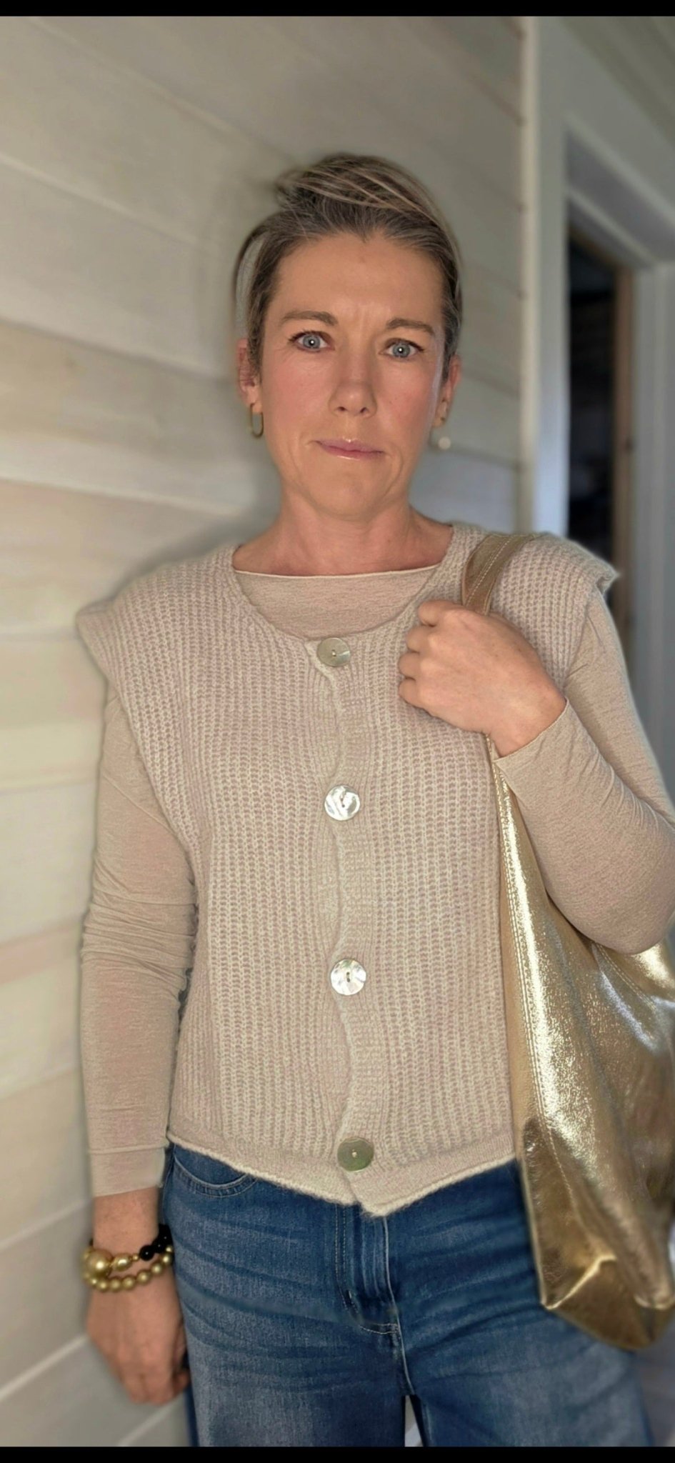 Sleeveless Oatmeal Beige Baby Alpaca Vest/Cardigan - Cockleshell Crosshaven