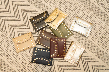 Studded Real Leather Wallet in Khaki - Cockleshell Crosshaven