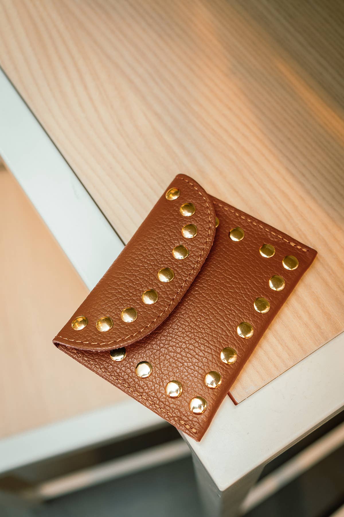 Studded Tan leather purse - Cockleshell Crosshaven