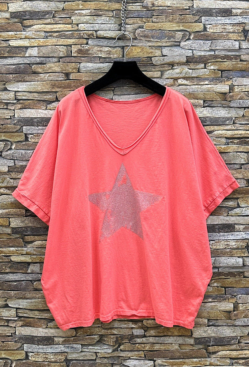 Star Fluid Cotton T Shirt in Coral
