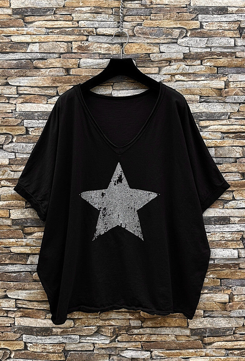 Star, Fluid cotton star t-shirt in Black. One Size