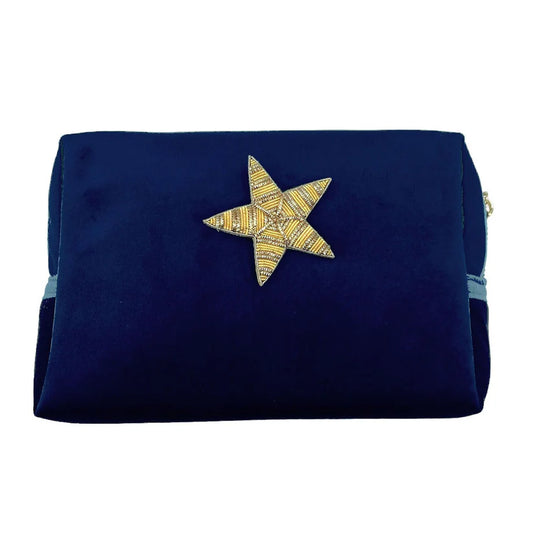 Sixton London. Blue make-up bag & gold star pin - recycled velvet